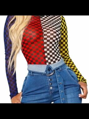 Fashion Nova Multicolor Checkerboard Long Sleeve Bodysuit - Red, Blue, Yellow